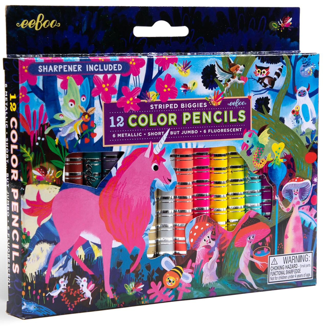 eeBoo: Striped Biggies 12 Color Pencils: Magical Creatures - 12pc Set w/ 6 Fluorescent & 6 Metallic Colors, Includes Sharpener, Art Supplies, Kids Ages 4+
